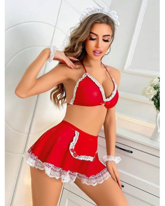 Kırmızı Fırfılı Hizmetçi Kostümü Jesica Bella E-00133